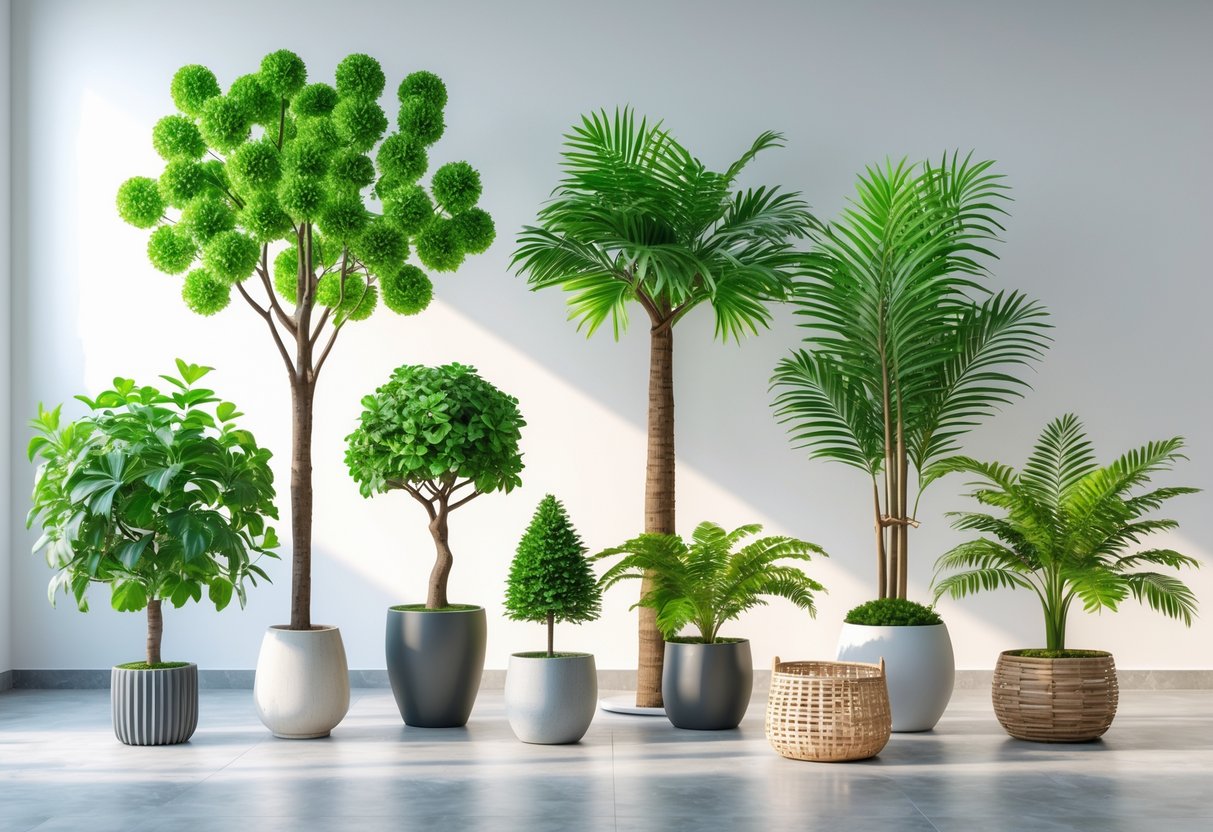 Various types of artificial trees in pots displayed indoors with green leaves and different shapes.