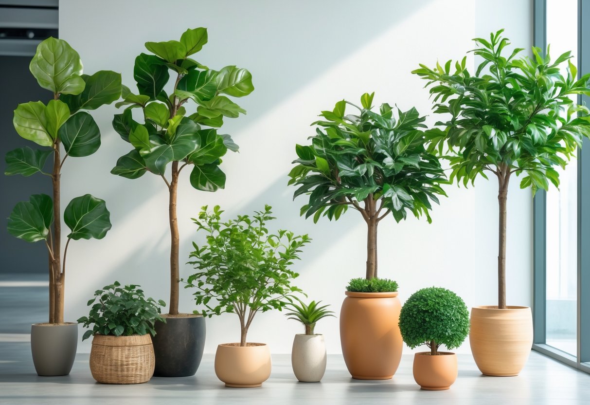 A variety of artificial trees displayed indoors in pots, including a fiddle leaf fig, palm, bonsai, and ficus, arranged in a bright modern space.