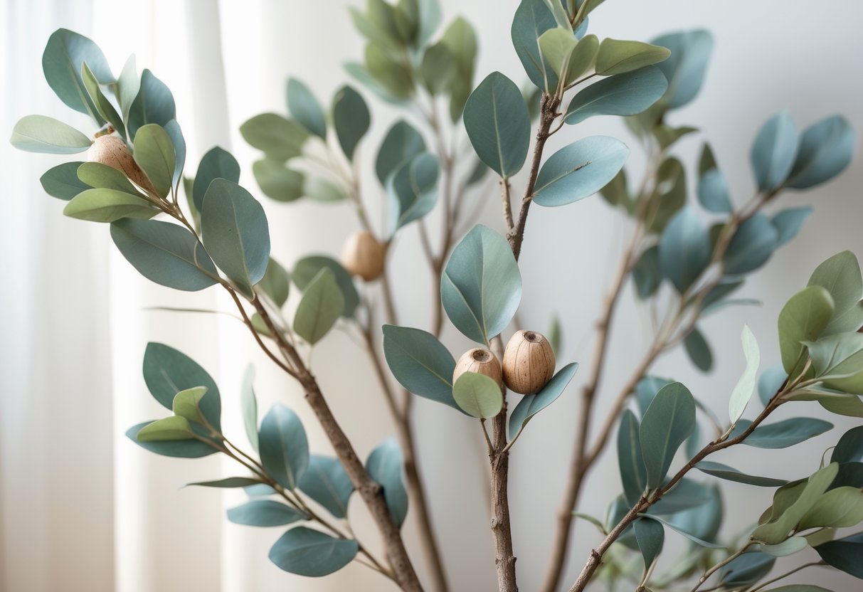 Close-up of artificial Australian native branches with eucalyptus leaves and gum nuts on a light background.
