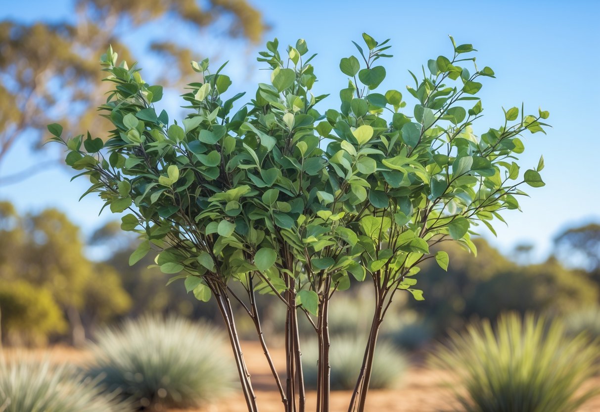 Artificial tree branches with green leaves set outdoors in an Australian natural environment under a clear sky.