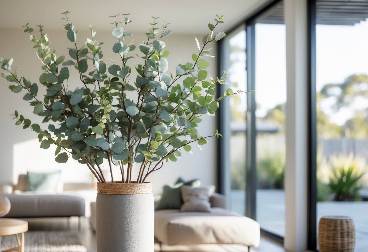 A living room with a tall vase holding artificial eucalyptus and gum tree branches, surrounded by modern furniture and natural light.