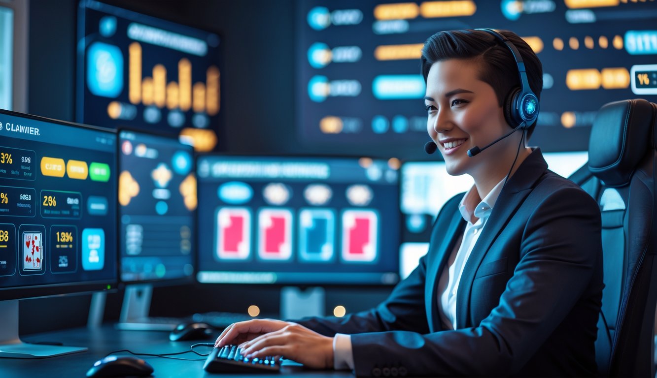 Seorang dealer kartu online yang percaya diri sedang mengelola platform judi digital dengan beberapa layar komputer di latar belakang.