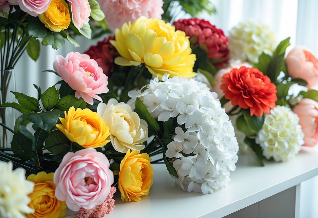 Several colourful artificial flower bouquets arranged on a white surface with green leaves.