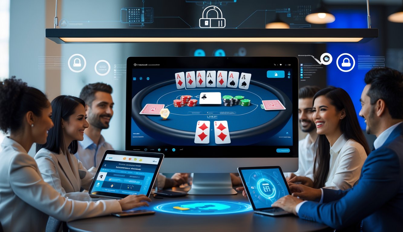 Orang-orang bermain permainan kartu online di ruang kerja modern dengan komputer dan tablet, menunjukkan suasana permainan yang adil dan terpercaya.