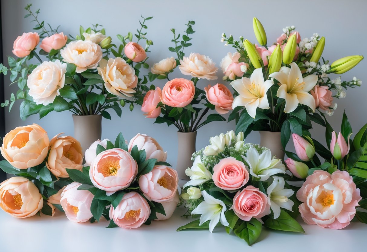 A collection of colourful artificial flower bouquets arranged neatly on a plain background.