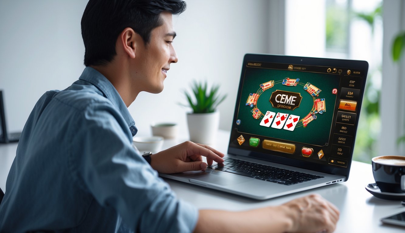 Seorang pemula sedang belajar bermain judi Ceme dealer online di depan laptop di ruang kerja rumah.
