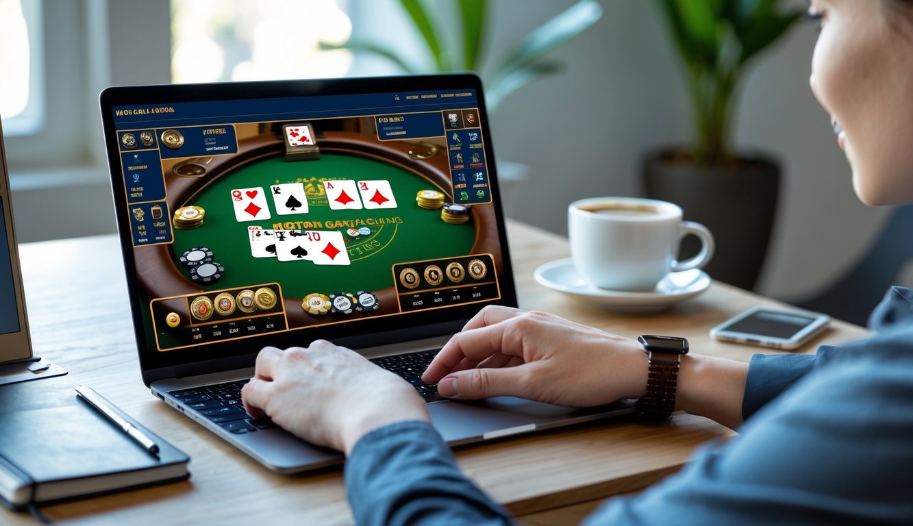 Seseorang sedang bermain kartu secara online menggunakan laptop di meja kerja dengan suasana yang nyaman.