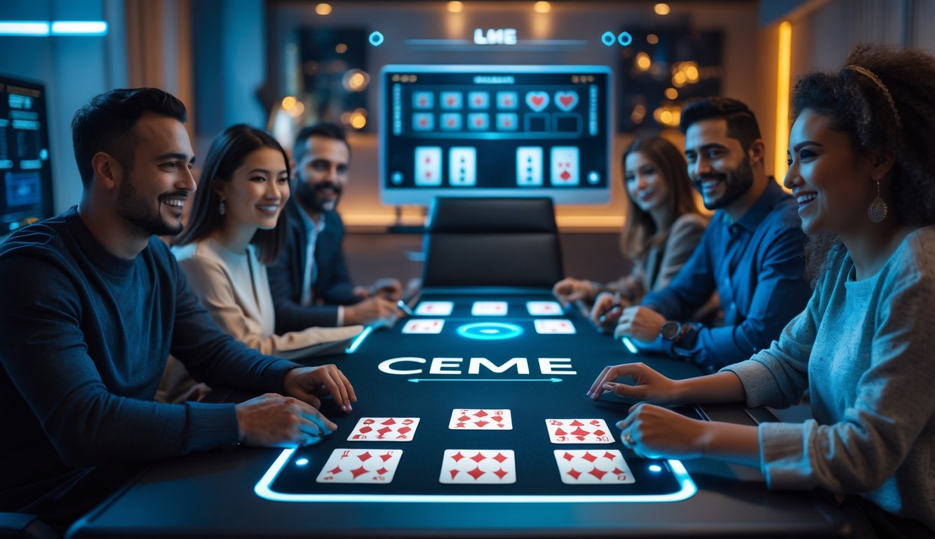 Beberapa orang duduk mengelilingi meja digital dengan kartu virtual, berinteraksi dengan dealer online di perangkat elektronik dalam ruangan yang nyaman dan terang.