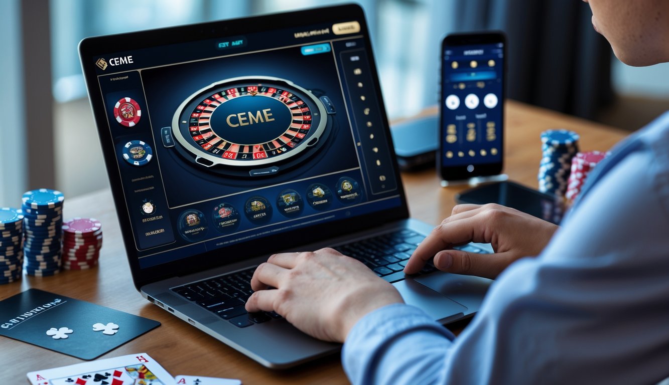 Seorang pemain sedang menggunakan laptop dengan tampilan permainan judi Ceme online, di atas meja terdapat chip poker dan kartu remi.