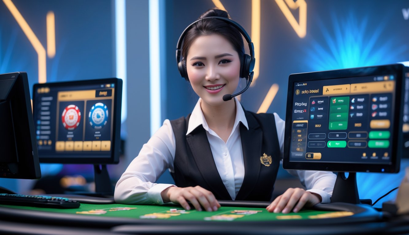 Seorang dealer judi ceme profesional sedang bekerja di depan komputer dengan beberapa layar di sebuah studio modern yang terang.