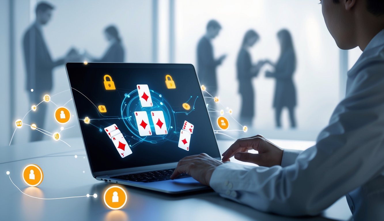 Seorang pria menggunakan laptop dengan tampilan permainan kartu online, di latar belakang terlihat suasana permainan kartu tradisional yang samar.