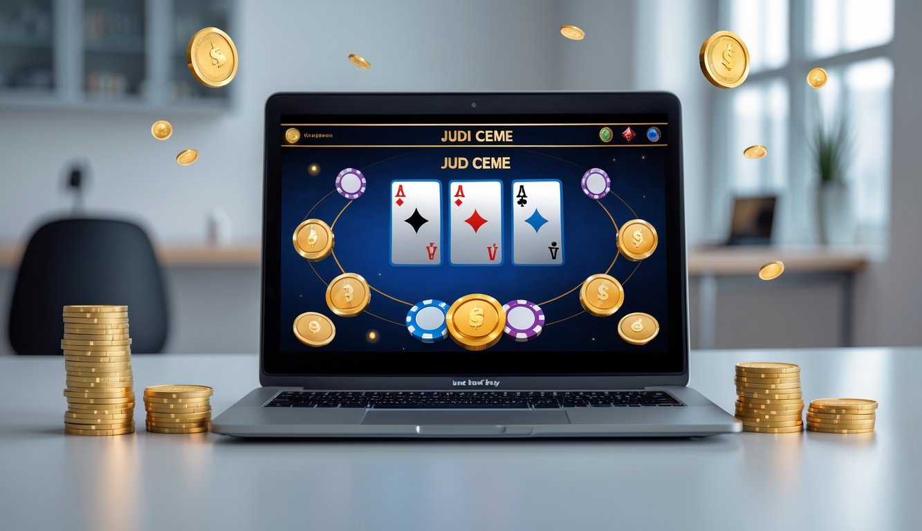Seorang pengguna sedang bermain judi online Ceme di depan komputer dengan tampilan kartu dan chip di layar.
