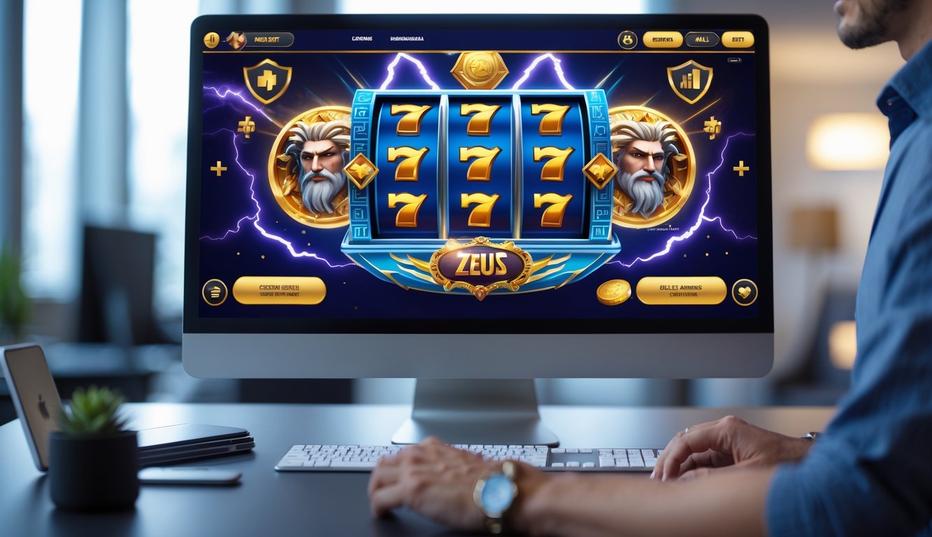 Seorang pria menggunakan komputer dengan layar menampilkan permainan slot bertema Zeus dengan efek petir di ruang kantor modern.