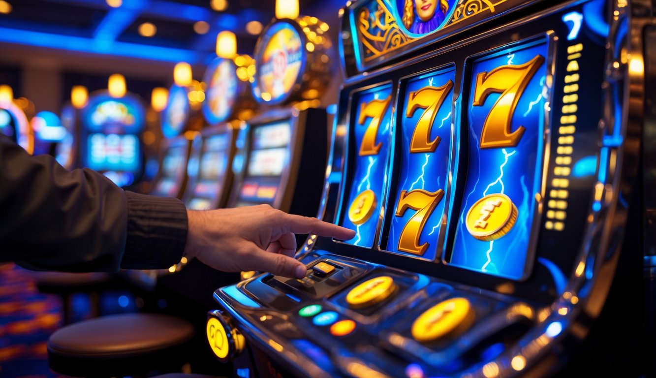 Seorang pemain menekan tombol mesin slot bertema Zeus dengan simbol petir dan koin emas di kasino yang penuh cahaya warna-warni.