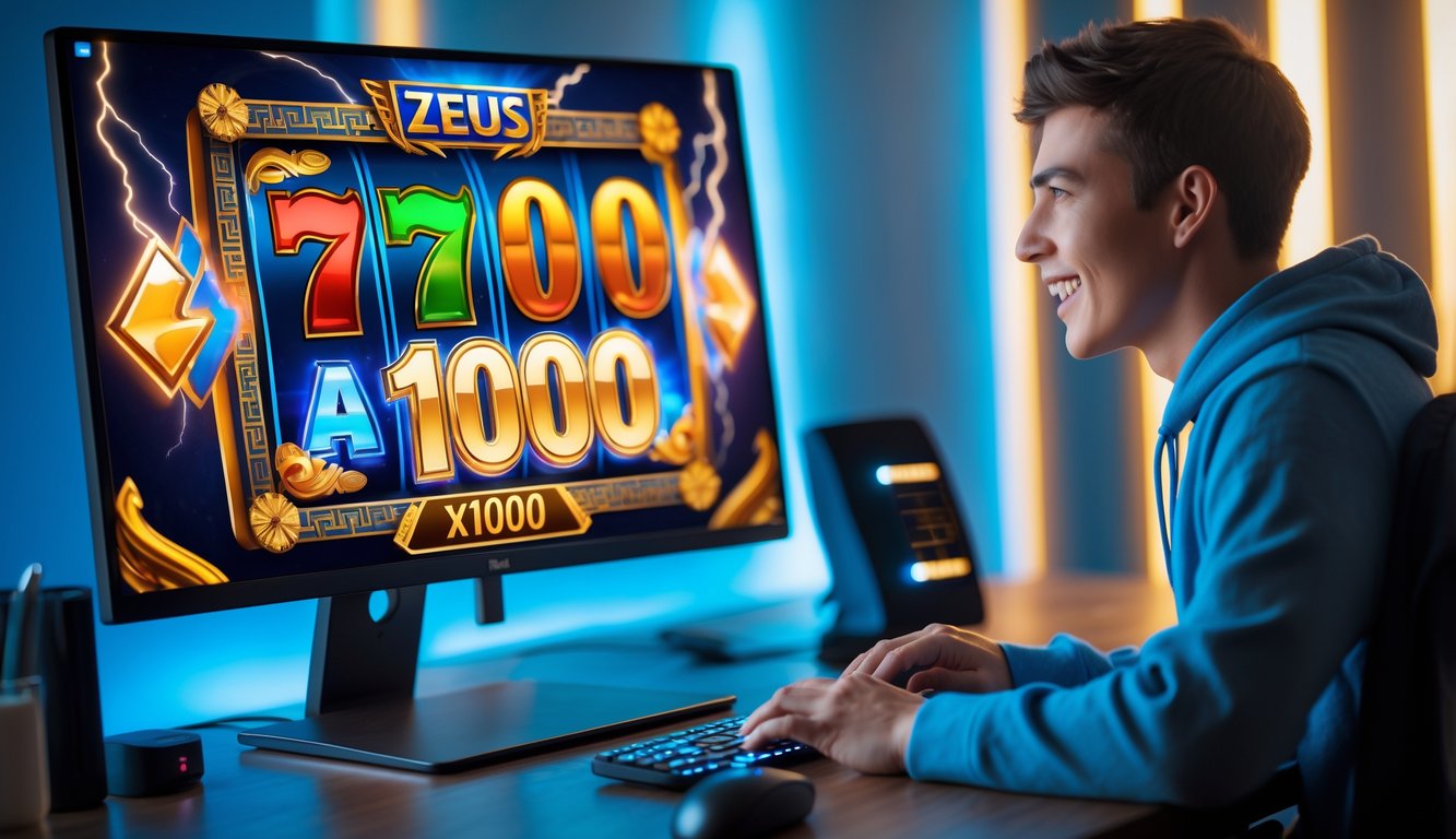 Seorang dewasa muda sedang menggunakan komputer dengan layar menampilkan permainan slot bertema Zeus dengan efek petir dan angka x1000.