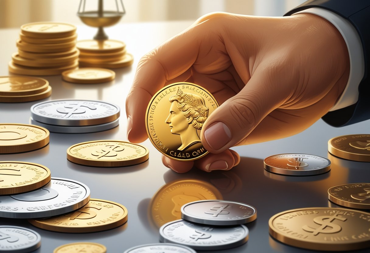 A hand holding a small gold coin with various fractional coins and rounds displayed on a surface nearby, symbolizing investment and value.