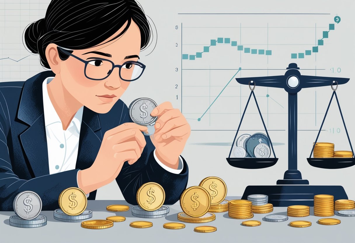 A person examining fractional coins and rounds with a balance scale comparing smaller and whole coins, surrounded by financial charts.