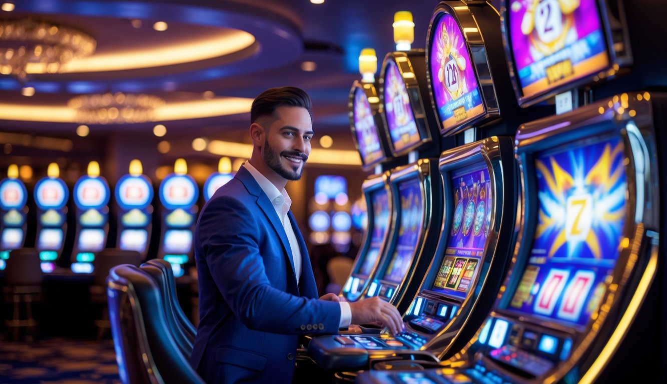 Seorang pria berpakaian rapi sedang bermain mesin slot bertema Zeus di dalam kasino yang mewah dan terang.