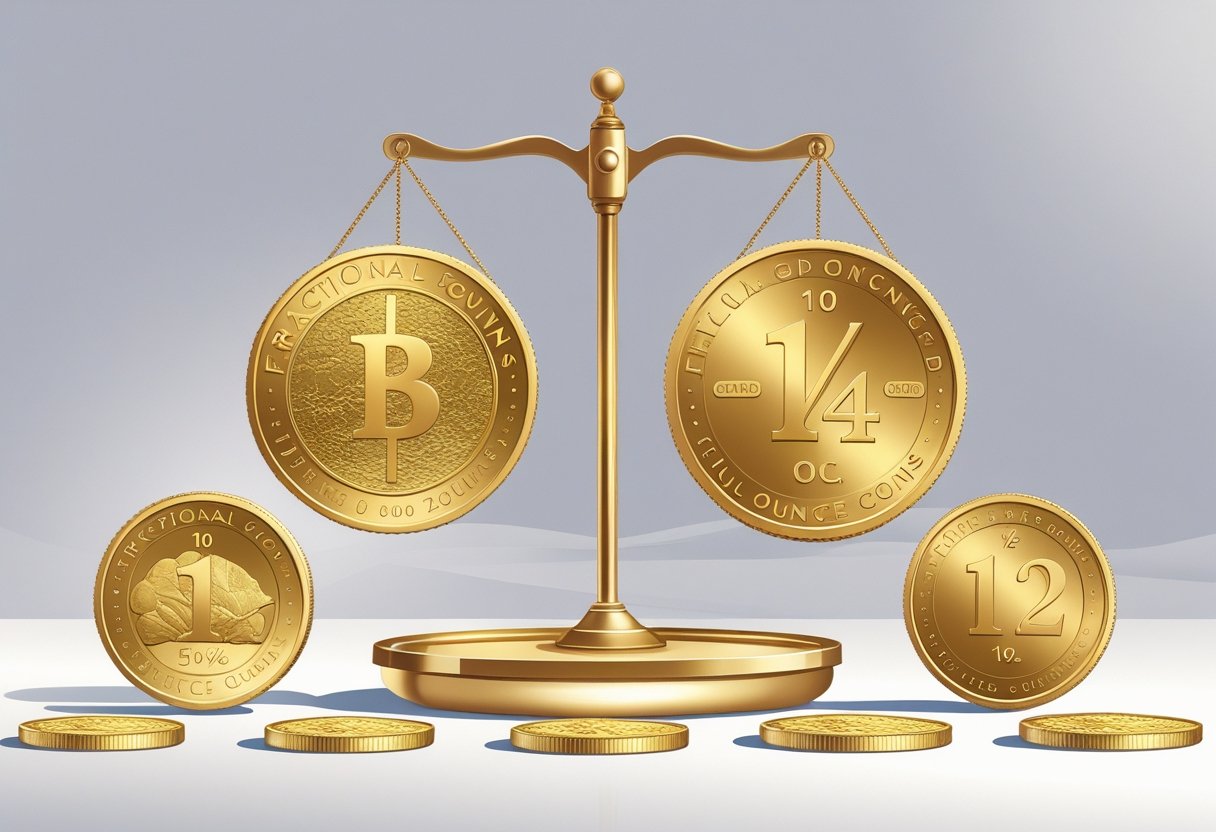 A balanced scale comparing smaller fractional gold coins and rounds on one side with larger full ounce gold coins on the other side.