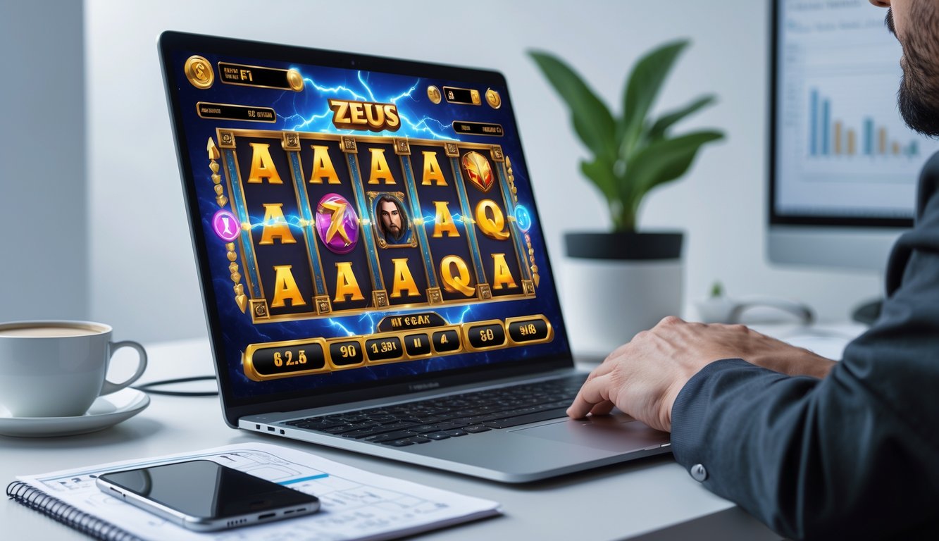 Seorang pemain fokus menggunakan laptop dengan permainan slot bertema Zeus di layar, di meja kerja yang rapi dengan catatan strategi dan secangkir kopi.