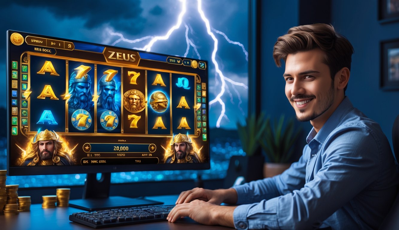 Seorang pria muda duduk di depan komputer dengan latar belakang langit badai dan petir, tampak sedang bermain permainan slot online bertema Zeus.