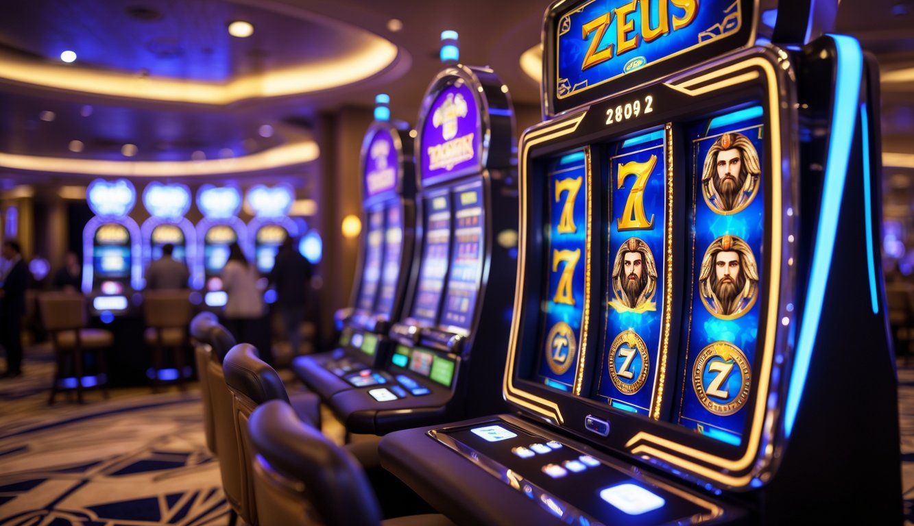 Mesin slot dengan simbol petir dan wajah Zeus di dalam kasino yang mewah dan ramai.
