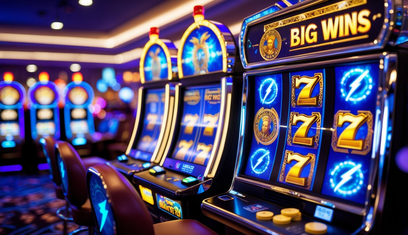 Mesin slot bergaya Zeus dengan lampu warna-warni dan suasana kasino yang ramai.