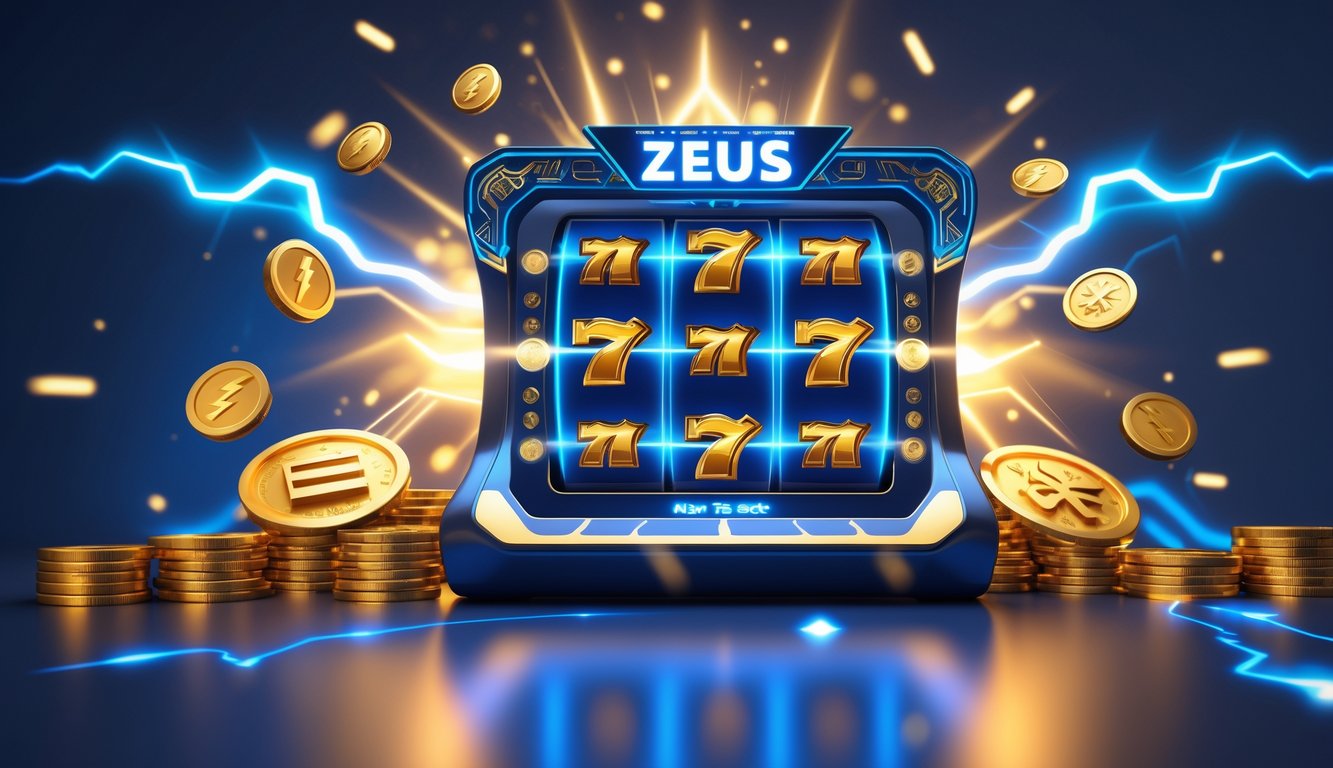 Mesin slot digital dengan tema Zeus yang bersinar dan simbol kemenangan di latar gelap.