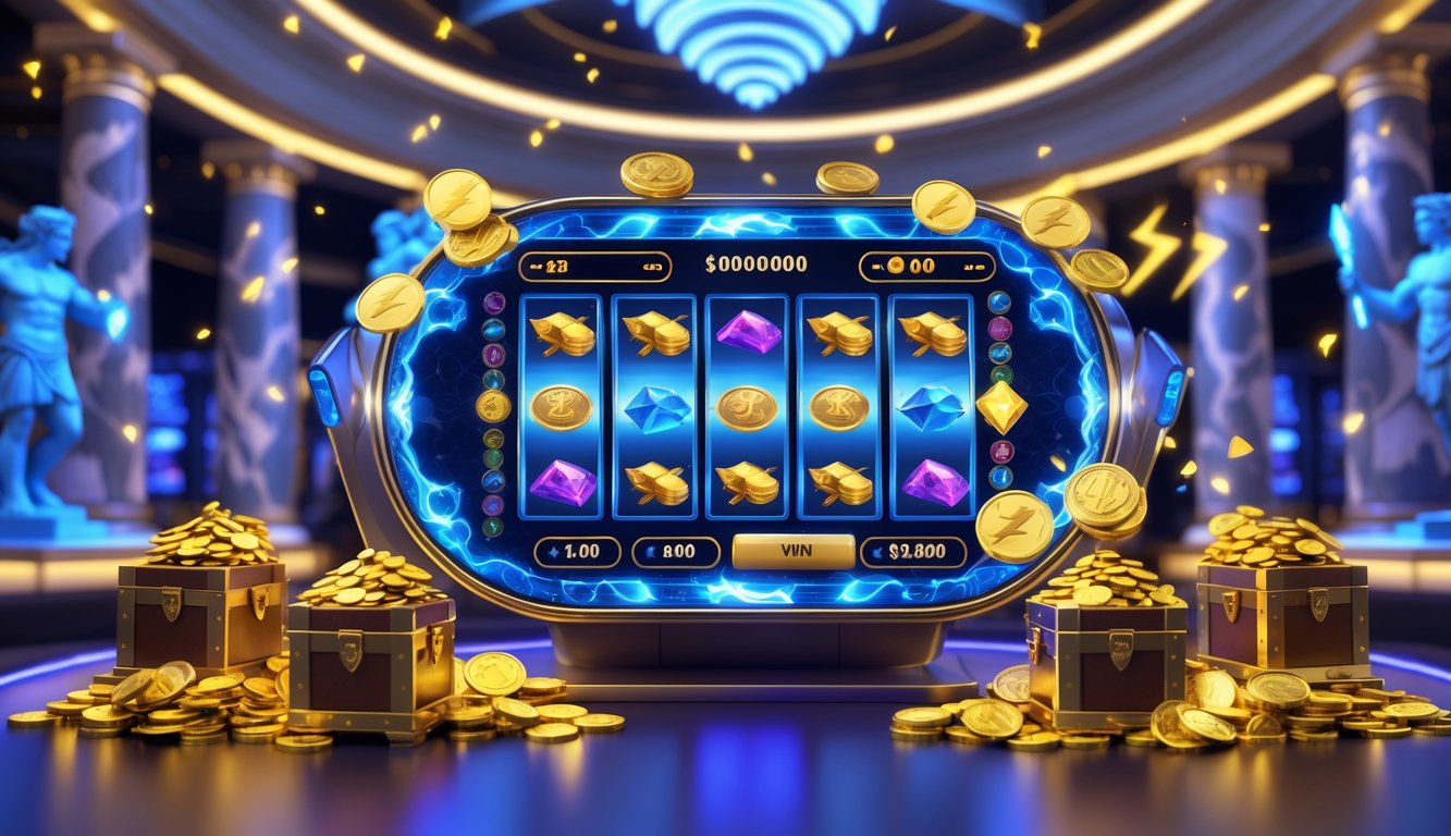 Layar mesin slot digital dengan tema Zeus, dikelilingi koin emas dan petir, di latar belakang arsitektur Yunani kuno.