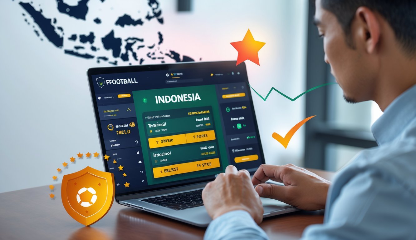 Seseorang menggunakan perangkat digital yang menampilkan antarmuka taruhan bola online dengan latar belakang warna bendera Indonesia.