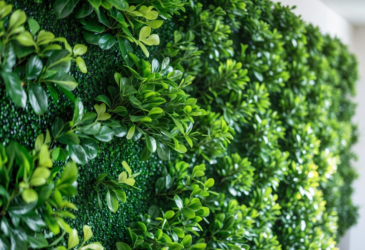 A dense, neatly trimmed artificial boxwood hedge with rich green leaves.