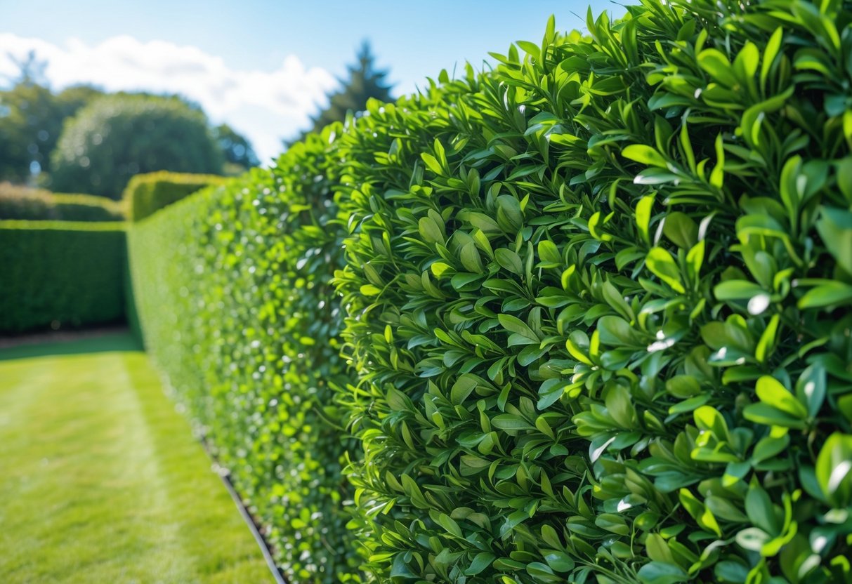 A dense, neatly trimmed artificial boxwood hedge in a sunny garden with green grass and clear sky.