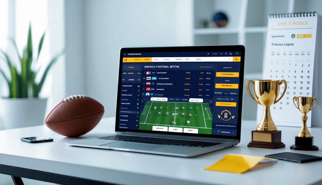 Seorang pria menggunakan laptop di meja dengan tampilan taruhan pertandingan sepak bola Liga Eropa di layar.