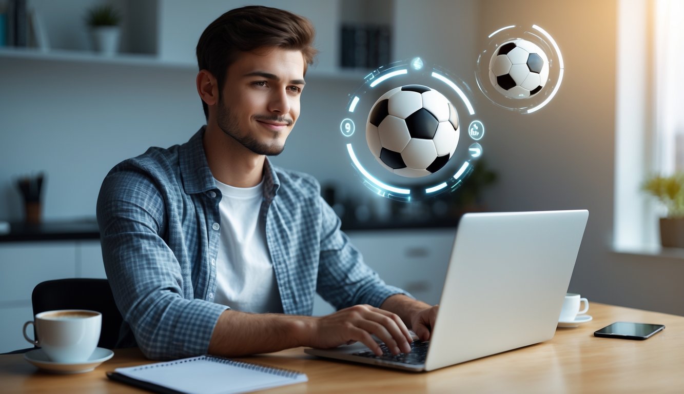 Seorang pria muda sedang menggunakan laptop di ruang kerja rumah yang terang dan rapi dengan ikon digital bola sepak dan simbol uang mengambang di sekitarnya.