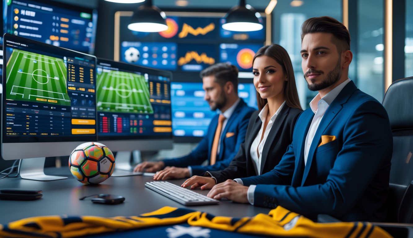 Seorang pria dan wanita profesional duduk di depan komputer dengan tampilan data taruhan sepak bola di kantor modern.