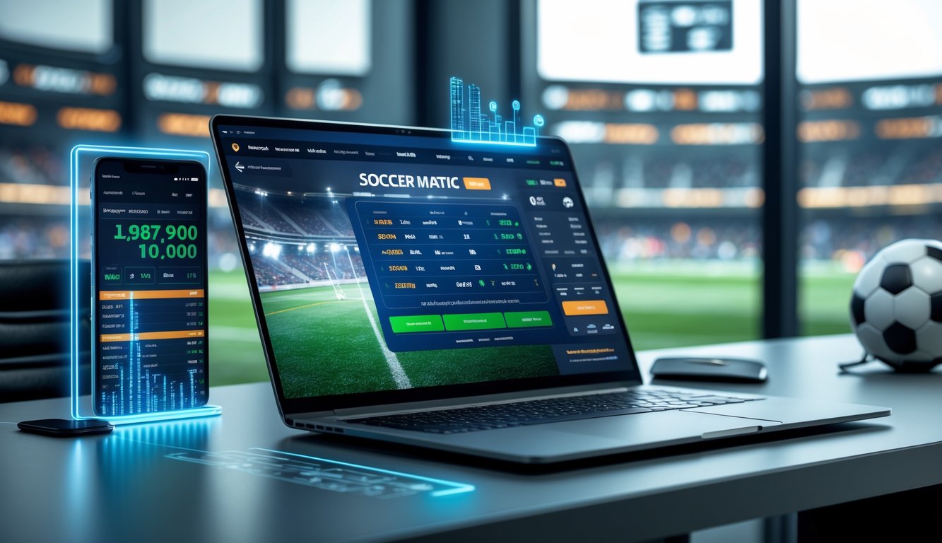 Seorang pria menggunakan laptop dengan tampilan taruhan bola online dan grafik peluang taruhan di layar.