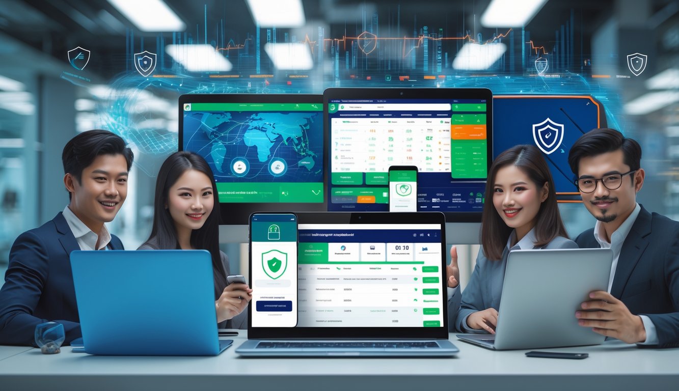 Sekelompok orang Asia menggunakan perangkat digital di ruang kantor modern yang menunjukkan suasana taruhan olahraga online dengan simbol keamanan digital.