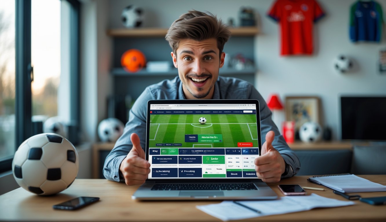 Seorang pria muda sedang fokus menggunakan laptop di ruang kerja rumah dengan bola sepak di rak dan cahaya alami dari jendela.