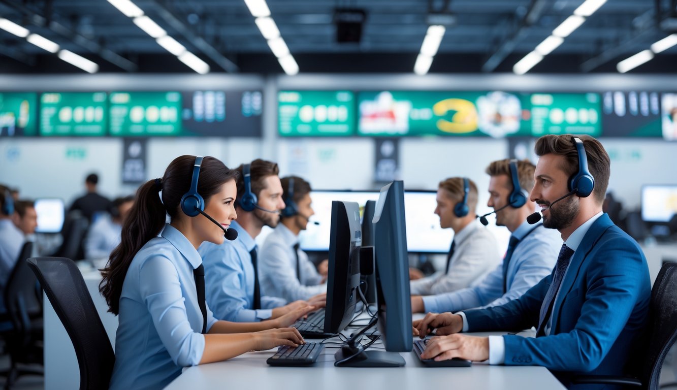 Tim layanan pelanggan yang ramah sedang bekerja di pusat layanan dengan komputer dan headset, menunjukkan dukungan nonstop.