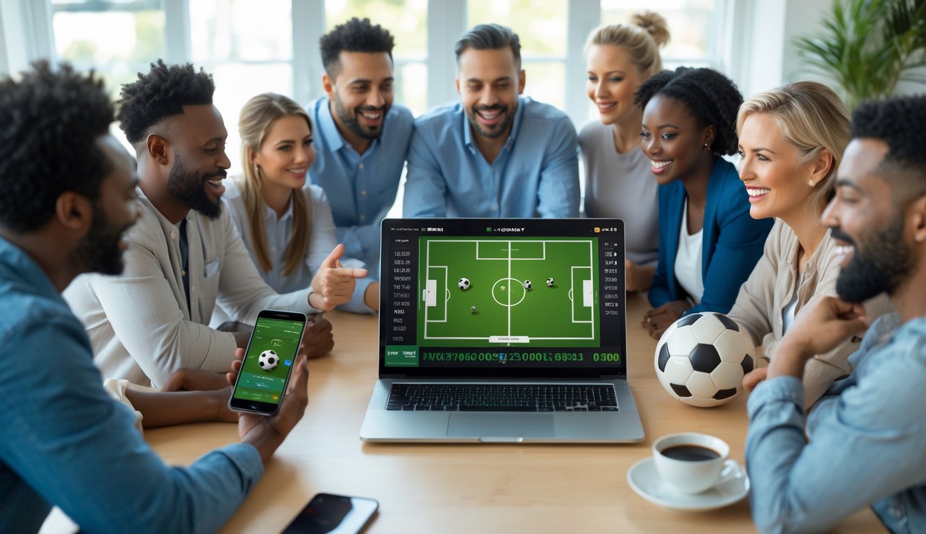 Beberapa orang sedang menggunakan laptop dan ponsel untuk memasang taruhan bola secara online di ruangan yang nyaman.