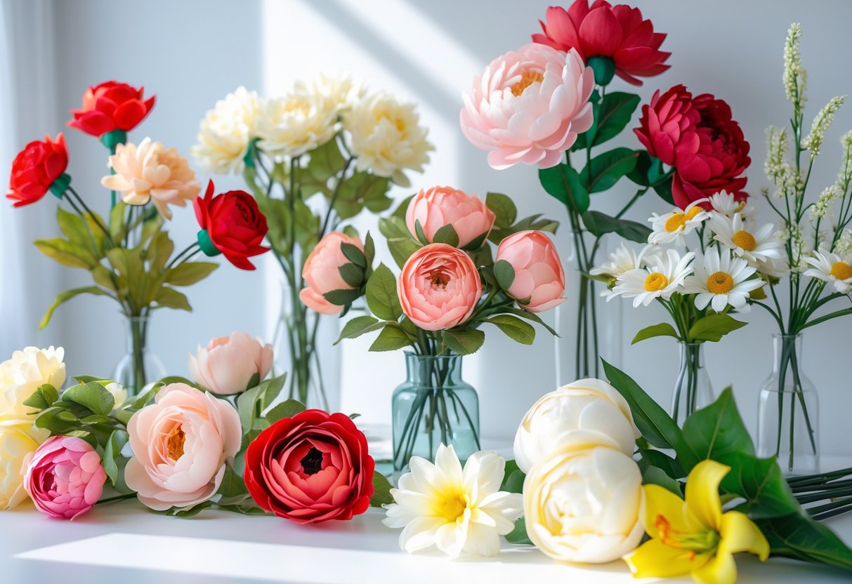 A variety of colourful artificial flowers arranged on a white surface with soft natural light.
