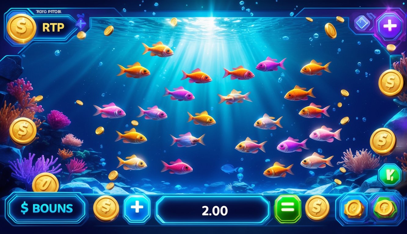 Layar permainan tembak ikan 2D dengan ikan berwarna-warni berenang di bawah laut yang dalam.