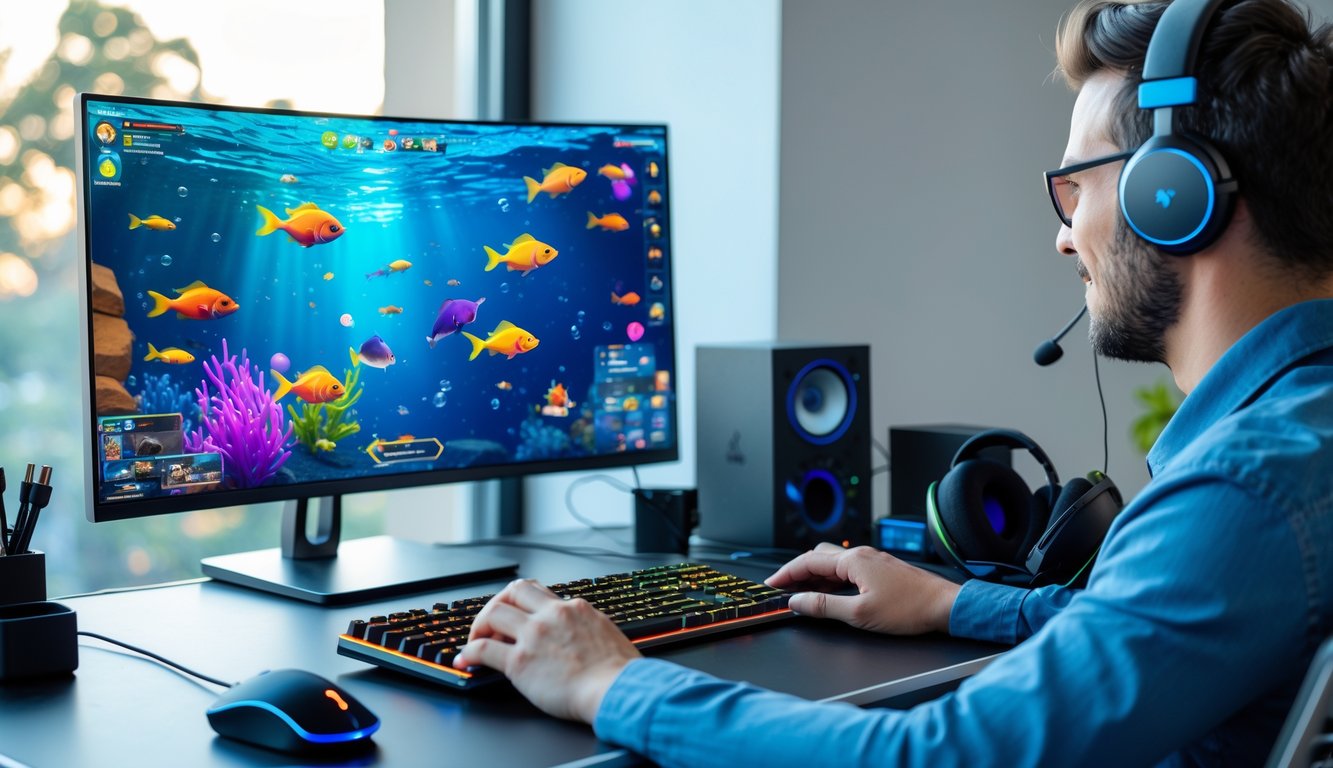 Seseorang sedang bermain permainan tembak ikan 2D di komputer di meja kerja yang rapi dan terang.