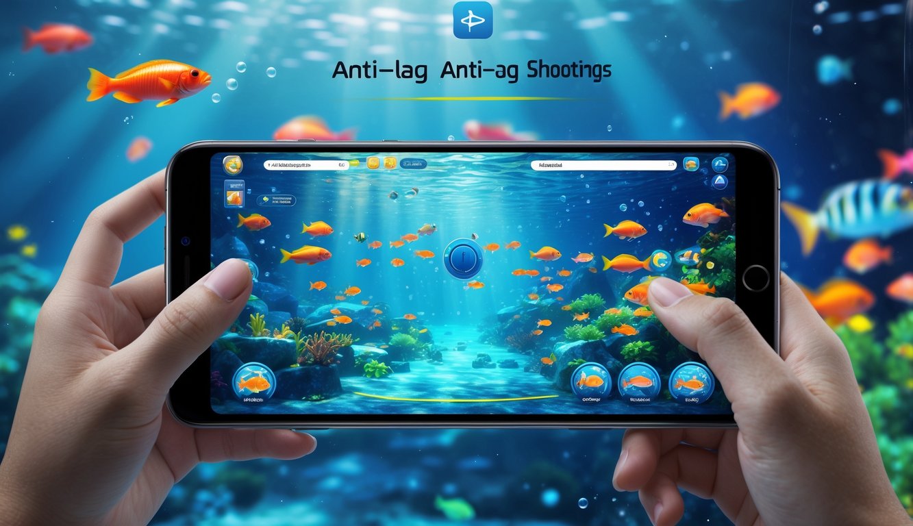 Tampilan layar permainan menembak ikan 2D dengan ikan berwarna-warni di bawah air yang jernih.