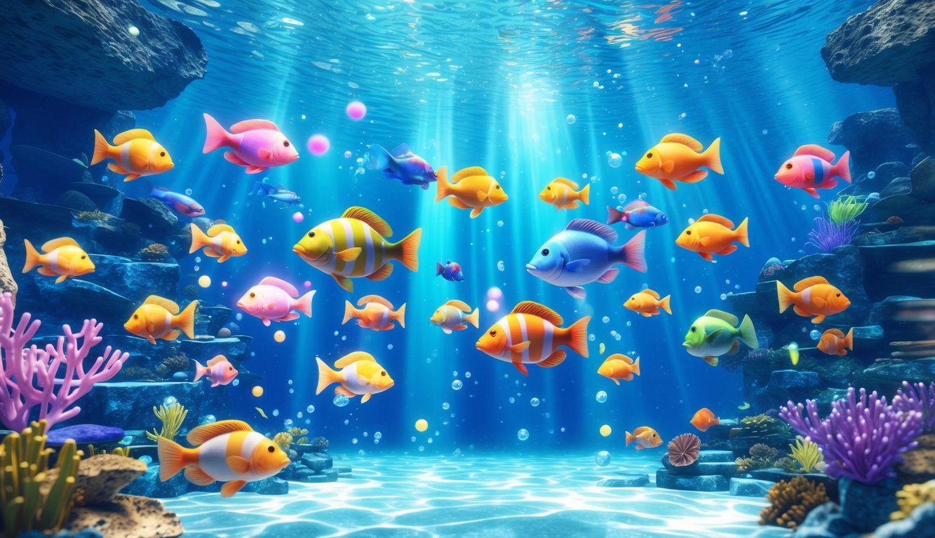Adegan permainan ikan 2D berwarna-warni dengan berbagai ikan dan terumbu karang di bawah laut.