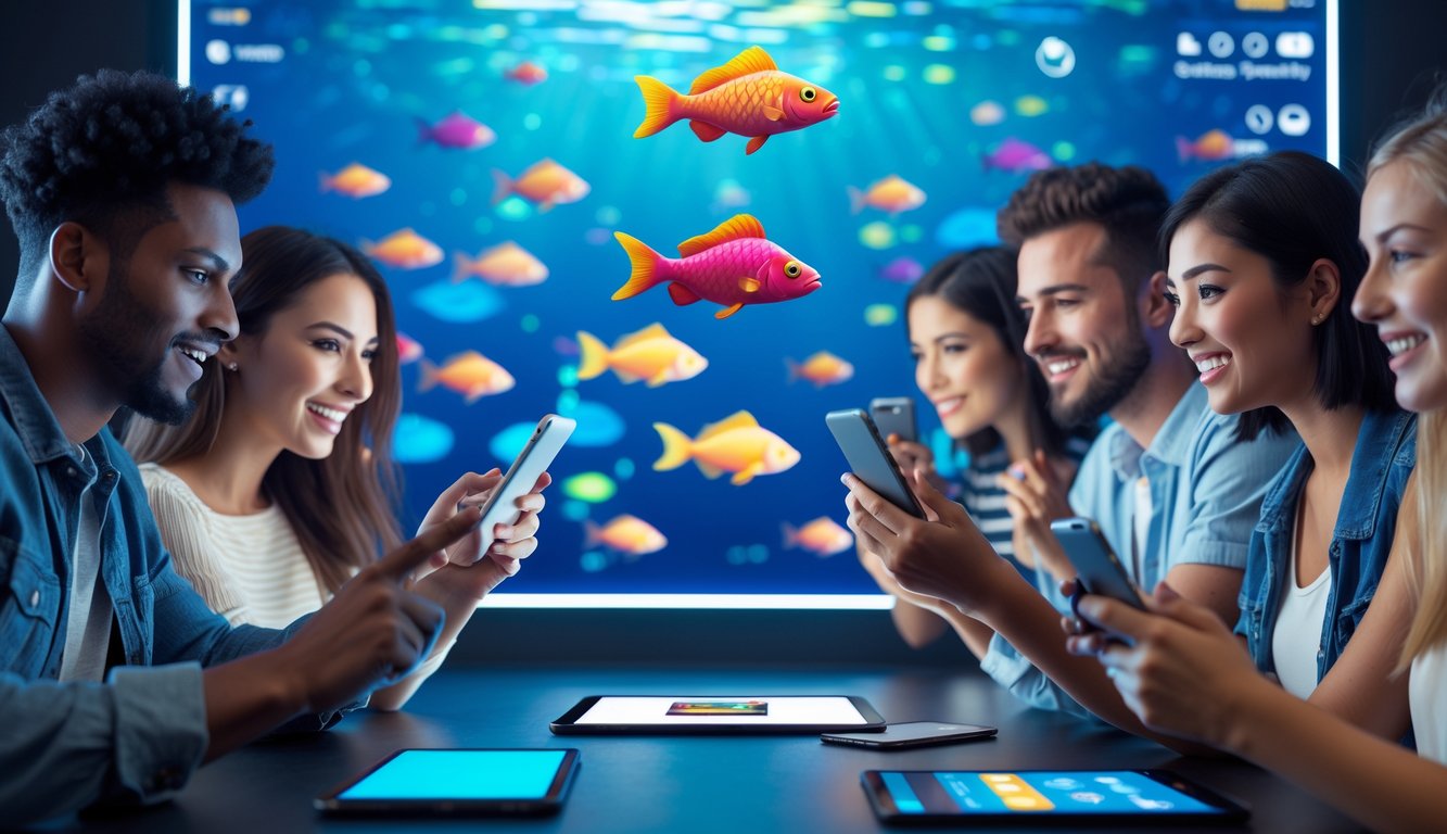 Beberapa orang muda sedang bermain game tembak ikan di perangkat digital dengan latar bawah laut berwarna-warni dan ikon pembayaran digital.
