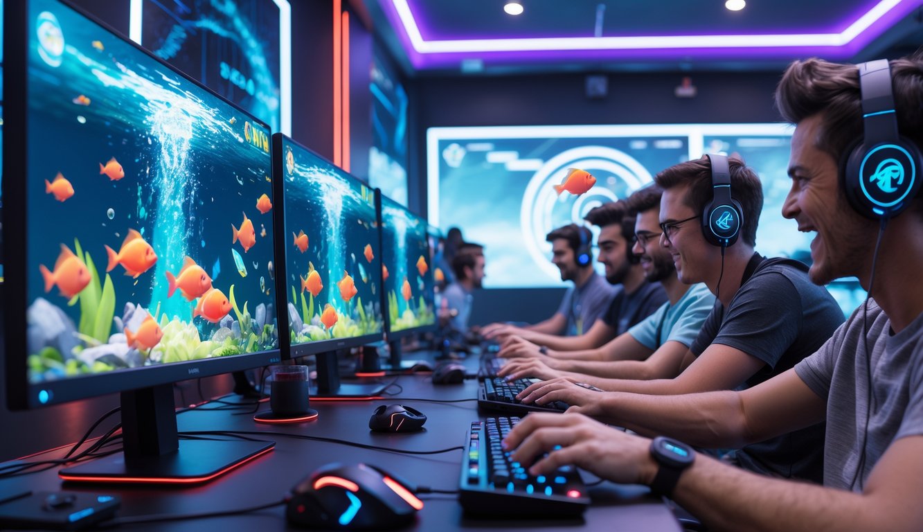 Beberapa orang muda bermain game tembak ikan 2D di komputer dalam ruangan gaming yang terang dan modern.