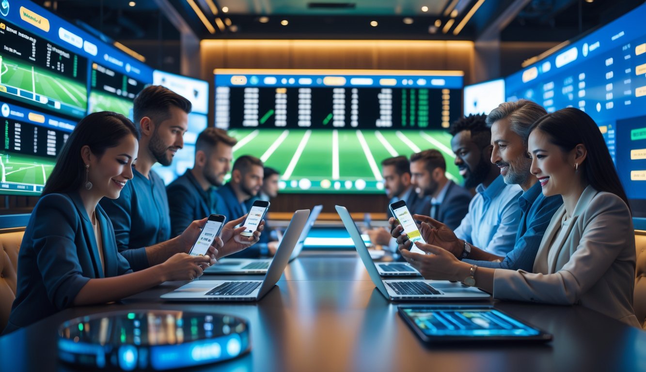 Orang-orang menggunakan perangkat digital di ruang olahraga modern dengan layar yang menampilkan statistik dan peluang pertandingan sepak bola.