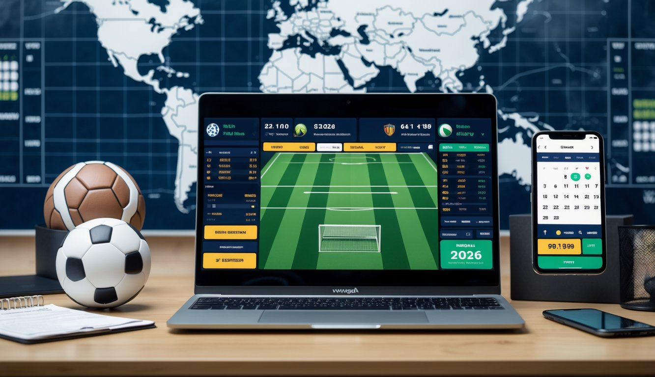 Seseorang menggunakan laptop dengan tampilan taruhan sepak bola online, dikelilingi bola sepak dan ponsel dengan skor pertandingan langsung.