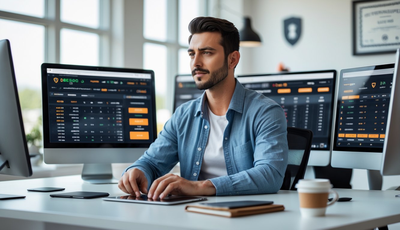 Seorang pria muda duduk di meja dengan beberapa layar komputer yang menampilkan data taruhan olahraga, di ruang kantor yang terang dan rapi.